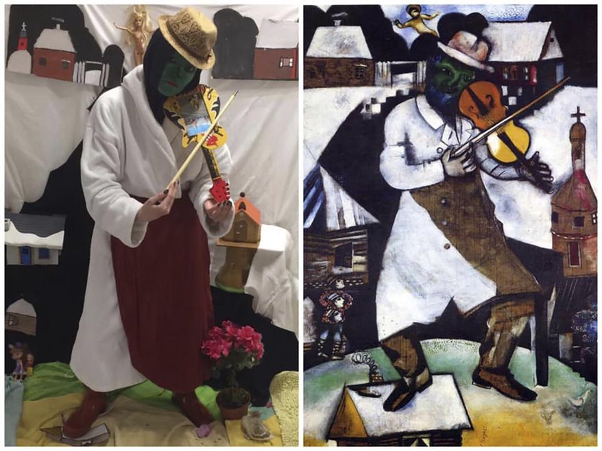 In this two photo combo, an undated copy of Marc Chagall's 'Green Fiddle Player' artwork, right and Galina Vishnevskaya's recreation for the Izoizolyacia Facebook page, left, taken in Moscow, on Tuesday, April 7, 2020. In the coronavirus lockdown, Russians can't go to their beloved and renowned museums. So they're filling the holes in their souls by recreating artworks while stuck at home and posting them on social media.(Galina Vishnevskaya via AP)'