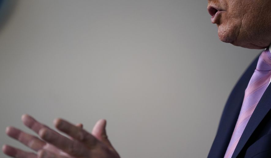 FILE - In this April 10, 2020, file photo President Donald Trump speaks during a coronavirus task force briefing at the White House in Washington. The coronavirus pandemic gave rise to bold promises by Trump as he led the response in the U.S. (AP Photo/Evan Vucci, File)