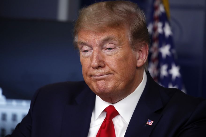 President Donald Trump speaks about the coronavirus in the James Brady Press Briefing Room at the White House, Monday, April 13, 2020, in Washington. (AP Photo/Alex Brandon)