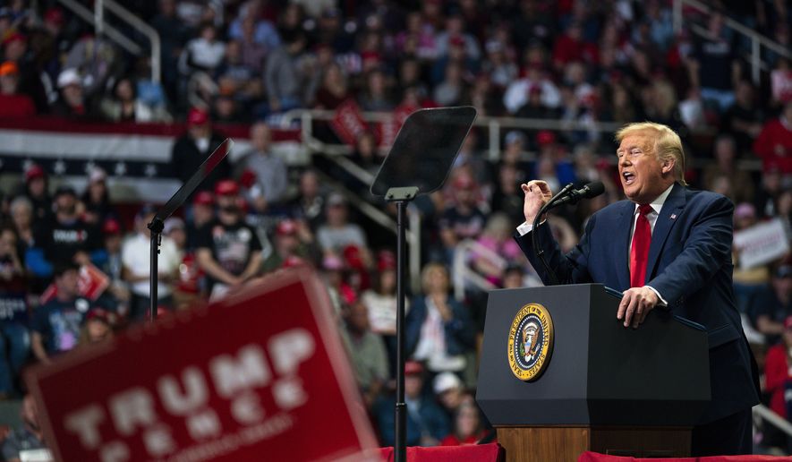 In this March 2, 2020, file photo President Donald Trump speaks during a campaign rally at Bojangles Coliseum in Charlotte, N.C. (AP Photo/Evan Vucci, File)
