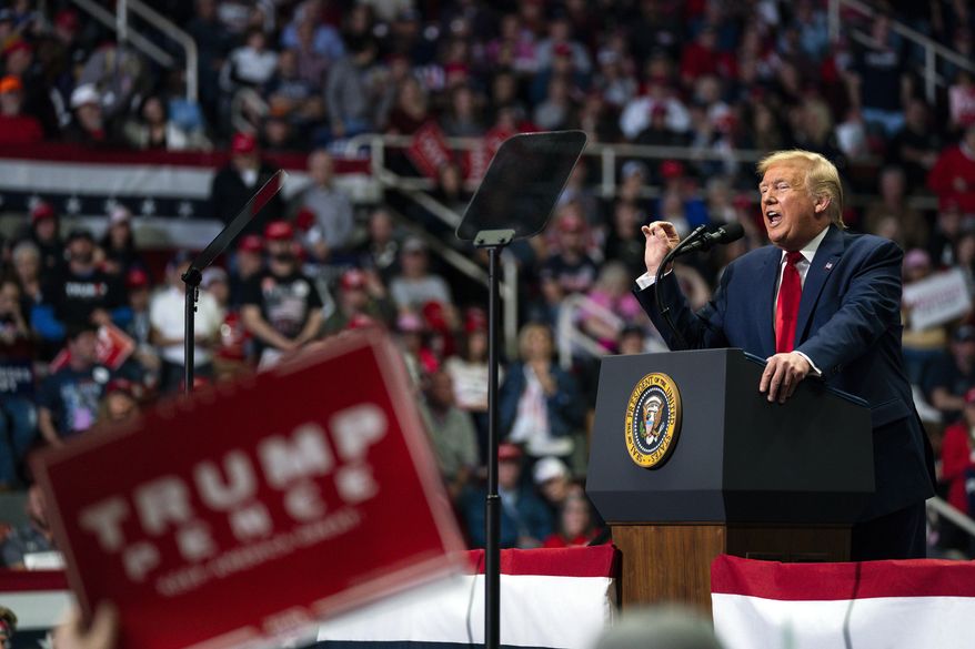 In this March 2, 2020, file photo President Donald Trump speaks during a campaign rally at Bojangles Coliseum in Charlotte, N.C. (AP Photo/Evan Vucci, File)