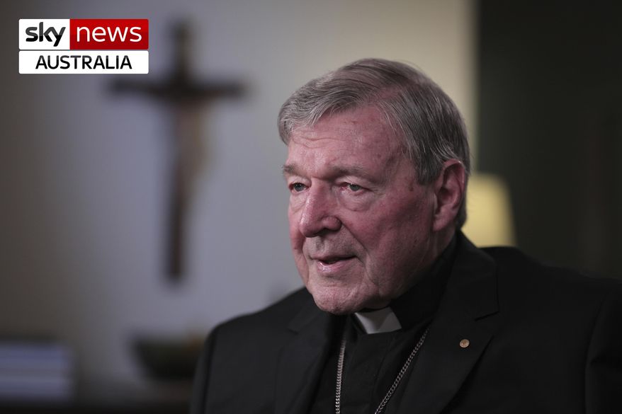 In this April 10, 2020, photo provided by Sky News Australia, Cardinal George Pell is interviewed in Sydney following his release from prison after Australia&#39;s highest court cleared him of child sex crimes. Pell, Pope Francis’s former finance minister said in a television interview broadcast on Tuesday, April 14, 2020, that some church officials believed that he was prosecuted by Australian authorities because of the trouble he had caused in the Vatican with financial reforms. (Sky News Australia via AP)