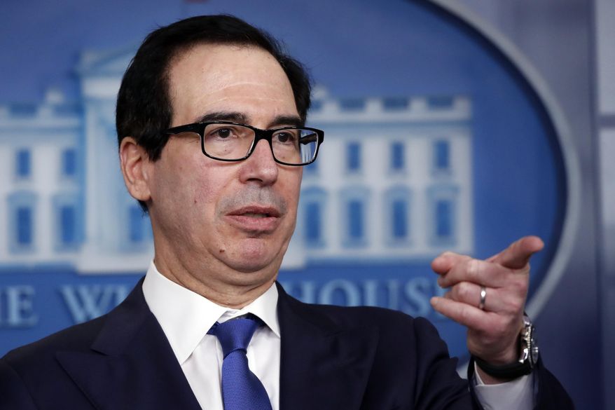 Treasury Secretary Steven Mnuchin speaks about the coronavirus in the James Brady Press Briefing Room at the White House, Monday, April 13, 2020, in Washington. (AP Photo/Alex Brandon)