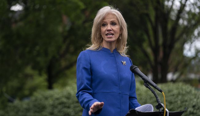 Then-White House counselor Kellyanne Conway talks to reporters about the coronavirus at the White House, Wednesday, April 15, 2020, in Washington. (AP Photo/Evan Vucci) ** FILE **