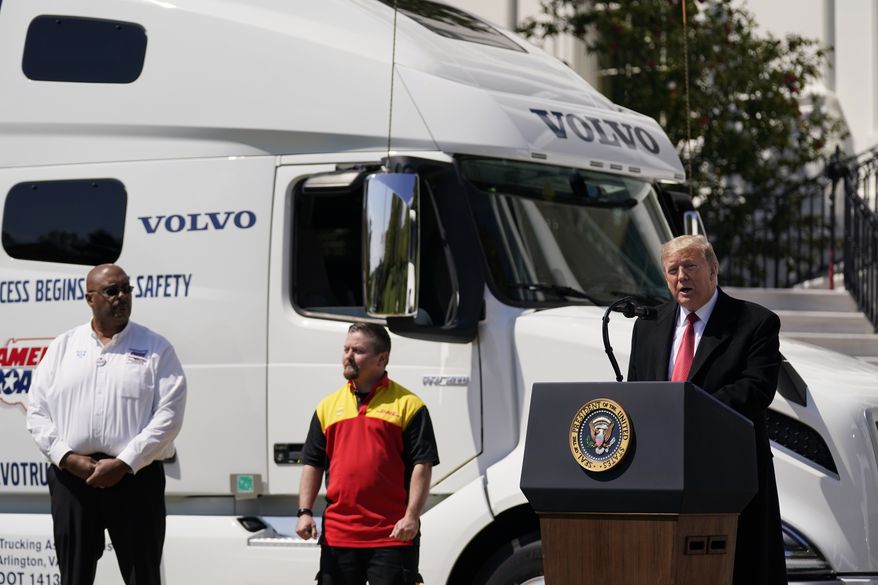 President Donald Trump speaks during an event celebrating American truckers, at the White House, Thursday, April 16, 2020, in Washington. (AP Photo/Evan Vucci)