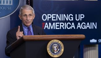 Dr. Anthony Fauci, director of the National Institute of Allergy and Infectious Diseases, speaks about the coronavirus in the James Brady Press Briefing Room of the White House, Thursday, April 16, 2020, in Washington. (AP Photo/Alex Brandon)