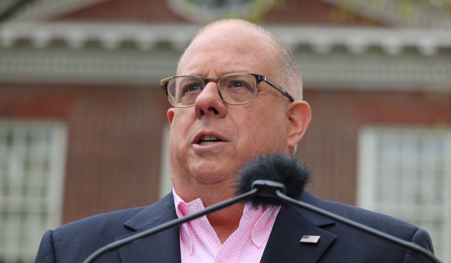 Maryland Gov. Larry Hogan speaks at a news conference at the Maryland State House on Friday, April 17, 2020 in Annapolis, Md. (AP Photo/Brian Witte) ** FILE **