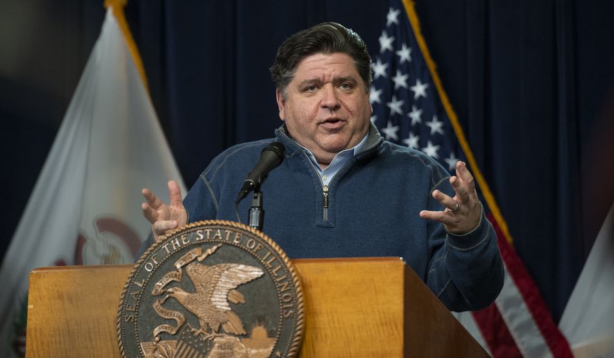 Illinois Gov. J.B. Pritzker speaks during his daily coronavirus news conference at the Thompson Center in Chicago, Friday, April 17, 2020. (Tyler LaRiviere/Chicago Sun-Times via AP)