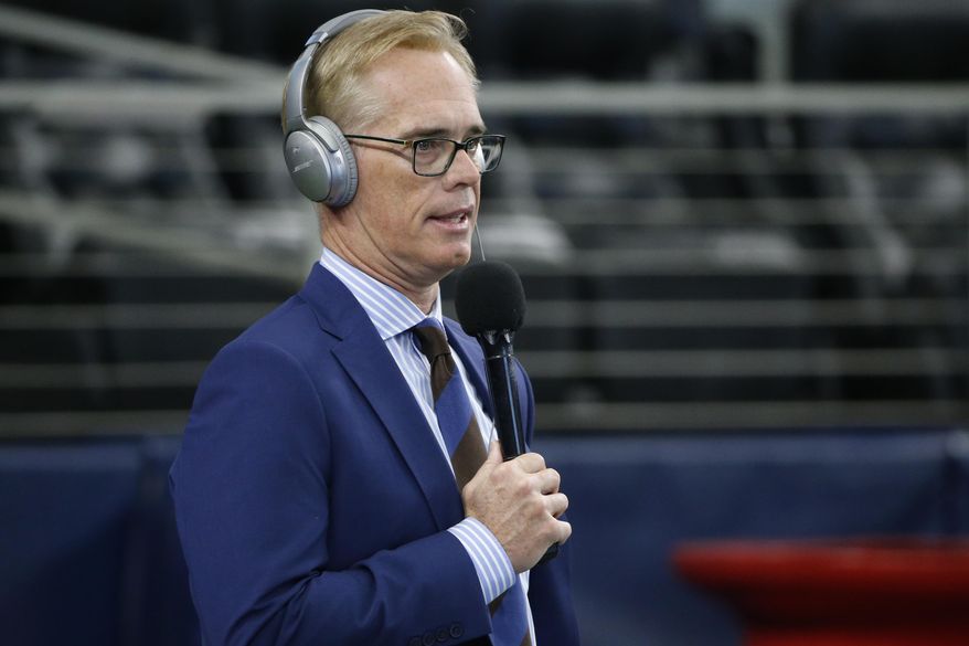 In this Dec. 15, 2019, photo, Fox Sports announcer Joe Buck is shown before an NFL football game between the Los Angeles Rams and the Dallas Cowboys in Arlington, Texas. (AP Photo/Michael Ainsworth) **FILE**