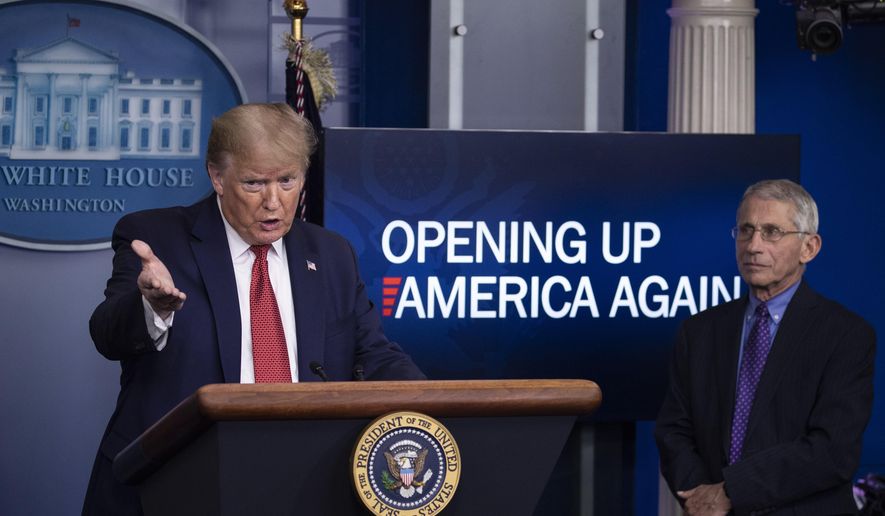 President Donald Trump speaks about the coronavirus, accompanied by Dr. Anthony Fauci, director of the National Institute of Allergy and Infectious Diseases, in the James Brady Press Briefing Room of the White House, Thursday, April 16, 2020, in Washington. (AP Photo/Alex Brandon)