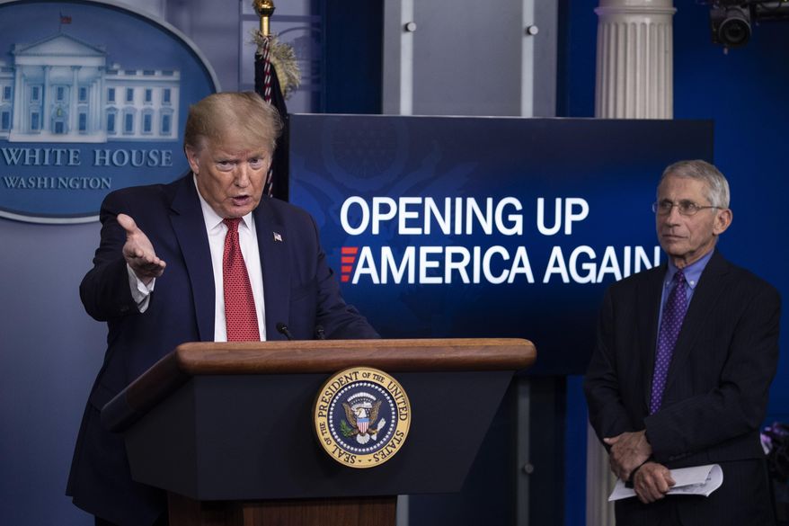 President Donald Trump speaks about the coronavirus, accompanied by Dr. Anthony Fauci, director of the National Institute of Allergy and Infectious Diseases, in the James Brady Press Briefing Room of the White House, Thursday, April 16, 2020, in Washington. (AP Photo/Alex Brandon)