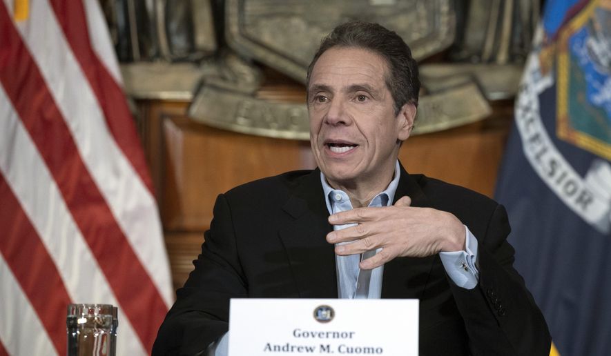 In this April 18, 2020, photo provided by the Office of Governor Andrew M. Cuomo, Gov. Cuomo provides a coronavirus update during a press conference in the Red Room at the State Capitol in Albany. (Mike Groll/Office of Governor Andrew M. Cuomo via AP)