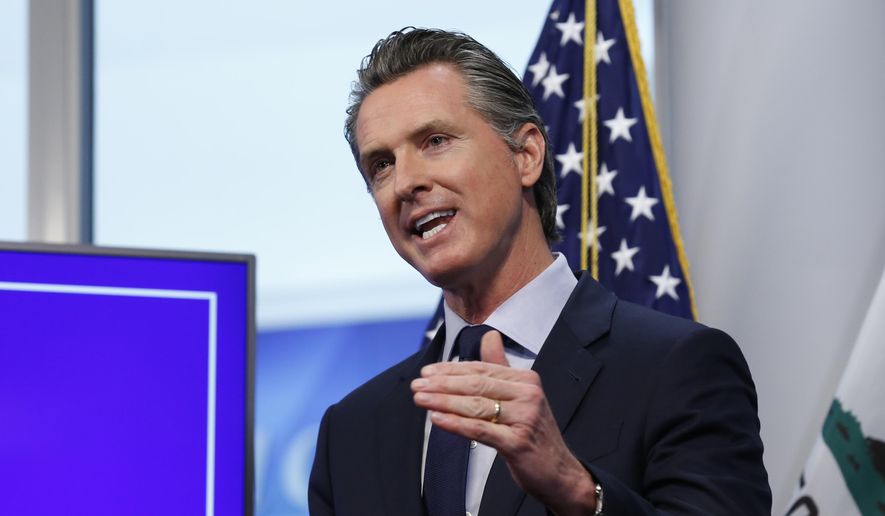 In this file photo taken Tuesday, April 14, 2020, California Gov. Gavin Newsom discusses an outline for what it will take to lift coronavirus restrictions during a news conference at the Governor&#39;s Office of Emergency Services in Rancho Cordova, Calif. (AP Photo/Rich Pedroncelli, File)