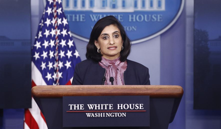 Administrator of the Centers for Medicare and Medicaid Services Seema Verma speaks during a coronavirus task force briefing at the White House, Sunday, April 19, 2020, in Washington. (AP Photo/Patrick Semansky)