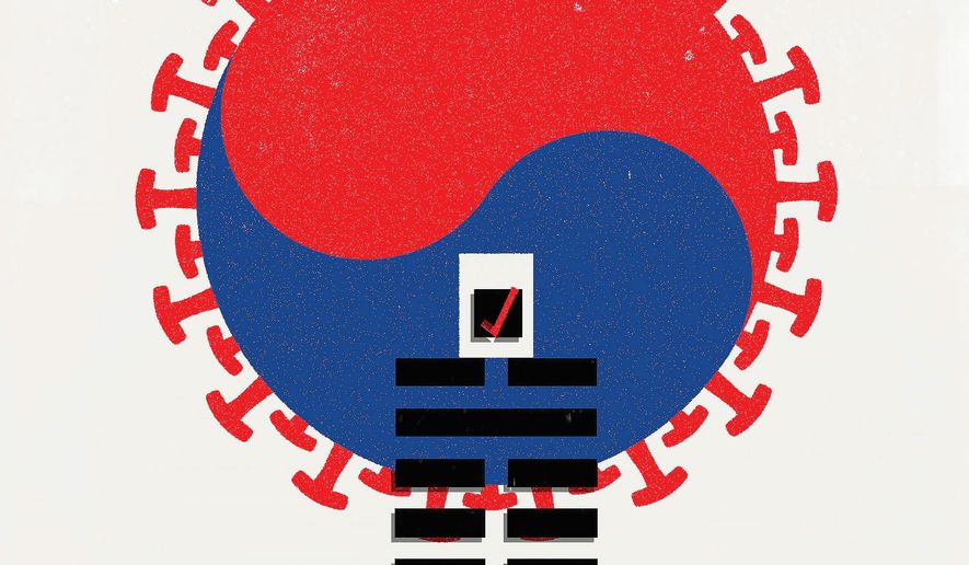 Illustration on South Korea’s successful election despite the pandemic by Linas Garsys/The Washington Times 