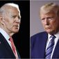 FILE - In this combination of file photos, former Vice President Joe Biden speaks in Wilmington, Del., on March 12, 2020, left, and President Donald Trump speaks at the White House in Washington on April 5, 2020. The level of inconsistency and chaos surrounding Trump’s coronavirus response is reaching new heights, as Democrats show new signs of unifying behind presumptive presidential nominee Biden. (AP Photo, File)