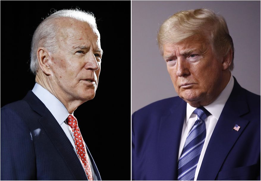 FILE - In this combination of file photos, former Vice President Joe Biden speaks in Wilmington, Del., on March 12, 2020, left, and President Donald Trump speaks at the White House in Washington on April 5, 2020. The level of inconsistency and chaos surrounding Trump’s coronavirus response is reaching new heights, as Democrats show new signs of unifying behind presumptive presidential nominee Biden. (AP Photo, File)