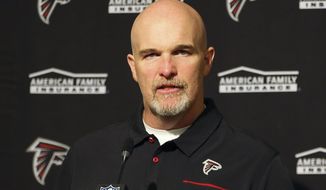 FILE - In this Dec. 15, 2019, file photo, Atlanta Falcons head coach Dan Quinn speaks at a news conference after an NFL football game against the San Francisco 49ers in Santa Clara, Calif. Falcons coach Dan Quinn opened his virtual classroom for his players&#39; offseason program on Monday. He says there will be &amp;quot;freshness and newness&amp;quot; to that first day of class as he tries to make sure his players maintain conditioning and also stay sharp mentally _ all while sheltering at home during the coronavirus pandemic.(AP Photo/John Hefti, Fle)
