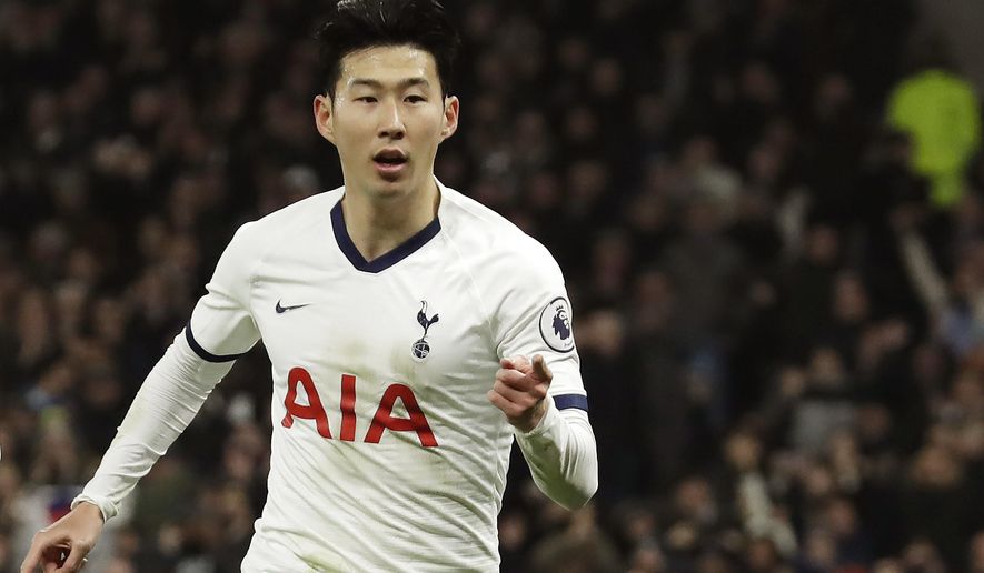 FILE - In this Wednesday, Jan. 22, 2020 file photo, Tottenham's Son Heung-min celebrates his goal against Norwich City during the English Premier League soccer match between Tottenham Hotspur and Norwich City at the Tottenham Hotspur Stadium in London, England. Tottenham forward Heung-min Son has started a three-week period of military service in his native South Korea. South Korea’s Yonhap News Agency says the 27-year-old Son reported to a Marine Corps unit on the southern island of Jeju and will be in camp until May 8. (AP Photo/Matt Dunham, File)