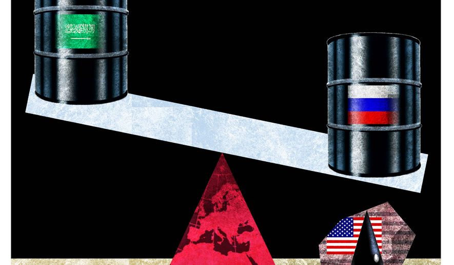 Illustration on Saudi action in protecting the U.S. shale oil industry by Alexander Hunter/The Washington Times