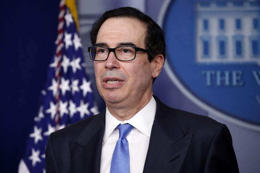 Treasury Secretary Steven Mnuchin speaks about the coronavirus in the James Brady Press Briefing Room of the White House, Tuesday, April 21, 2020, in Washington. (AP Photo/Alex Brandon) ** FILE **