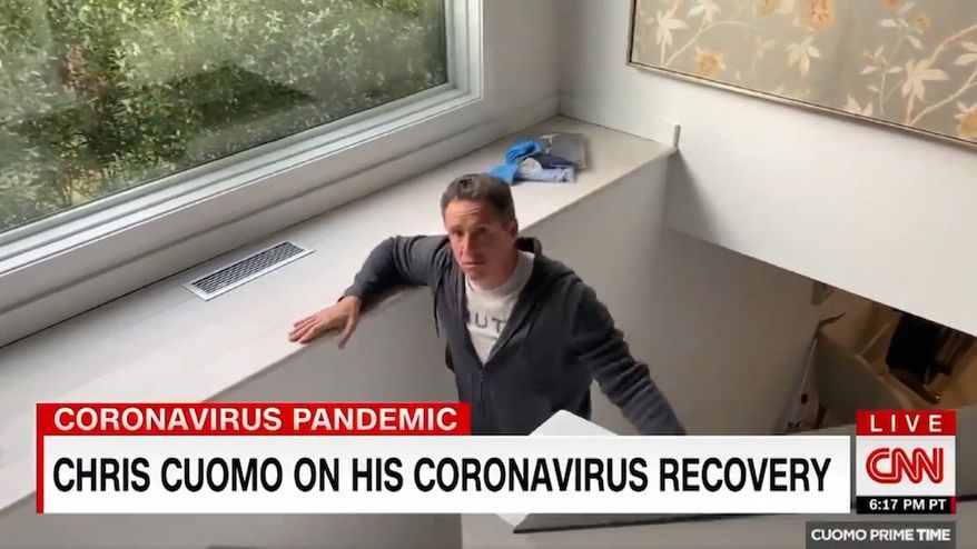 CNN's Chris Cuomo was roasted on social media Monday night after CNN aired a segment of the primetime host emerging from his basement for the first time since being diagnosed with the coronavirus, one week after he got into a verbal spat in the Hamptons with a bicyclist who scolded him about not social distancing. (screengrab CNN)