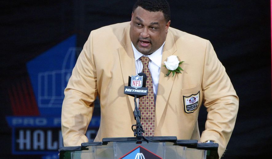 FILE - In this Aug. 4, 2012, file photo, former NFL football player Willie Roaf speaks during his induction into the Pro Football Hall of Fame in Canton, Ohio. Roaf was drafted eighth overall out of Louisiana Tech in 1993. (AP Photo/Gene J. Puskar, File)