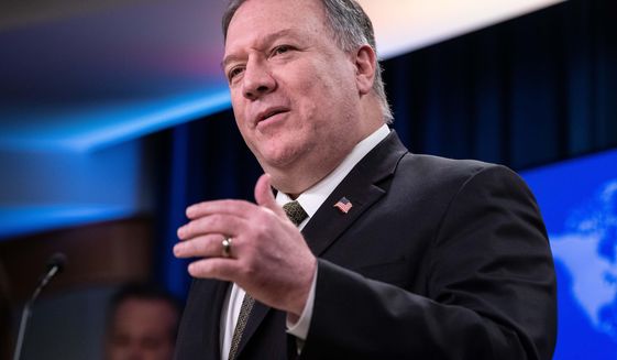 Secretary of State Mike Pompeo speaks during a press briefing at the State Department on Wednesday, April 22, 2020, in Washington. (Nicholas Kamm/Pool Photo via AP)