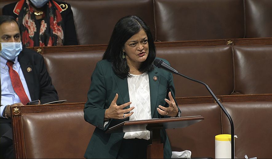 In this image from video, Rep. Pramila Jayapal, D-Wash., speaks on the floor of the House of Representatives at the U.S. Capitol in Washington, Thursday, April 23, 2020. (House Television via AP) ** FILE **