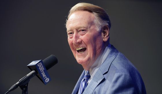 In this Sept. 24, 2016, file photo, Los Angeles Dodgers broadcaster Vin Scully answers questions during a news conference at Dodger Stadium in Los Angeles.  (AP Photo/Jae C. Hong, File)