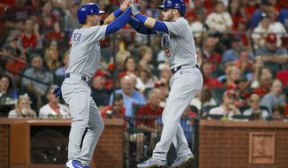 FILE - In this Sept. 28, 2019, file photo, Chicago Cubs&#39; Nico Hoerner, left, celebrates with teammate Ian Happ after Happ hit a two-run home run during the third inning of a baseball game against the St. Louis Cardinals in St. Louis. When the coronavirus pandemic stopped spring training last month, Ian Happ offered Nico Hoerner, Zack Short and Dakota Mekkes a place to stay if they wanted to remain in Arizona. That&#39;s how “The Compound” was born. (AP Photo/Scott Kane, File)