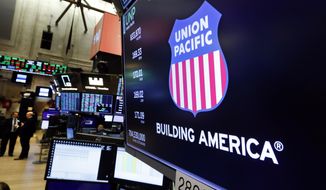 FILE - In this Sept. 13, 2019, file photo the logo for Union Pacific appears above a trading post on the floor of the New York Stock Exchange.  Union Pacific’s first-quarter profit improved 6%, but the railroad expects shipping volume to plummet 25% in the second quarter because of the ongoing coronavirus outbreak. The railroad said Thursday, April 23, 2020, it earned $1.47 billion, or $2.15 per share, in the first quarter. (AP Photo/Richard Drew, File)
