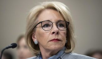 In this Feb. 27, 2020, file photo, Education Secretary Betsy DeVos pauses as she testifies during a hearing of a House Appropriations Sub-Committee on the fiscal year 2021 budget on Capitol Hill in Washington. (AP Photo/Alex Brandon, File)  **FILE**