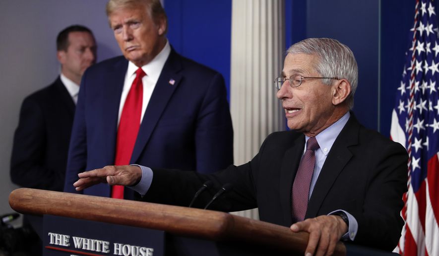 President Donald Trump listens as Dr. Anthony Fauci, director of the National Institute of Allergy and Infectious Diseases, speaks about the coronavirus in the James Brady Press Briefing Room of the White House, Wednesday, April 22, 2020, in Washington. (AP Photo/Alex Brandon)