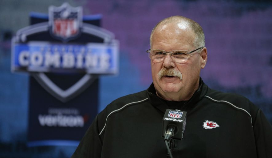 FILE - In this Feb. 25, 2020, file photo, Kansas City Chiefs head coach Andy Reid speaks during a press conference at the NFL football scouting combine in Indianapolis. The NFL Draft is April 23-25. (AP Photo/Michael Conroy, File)