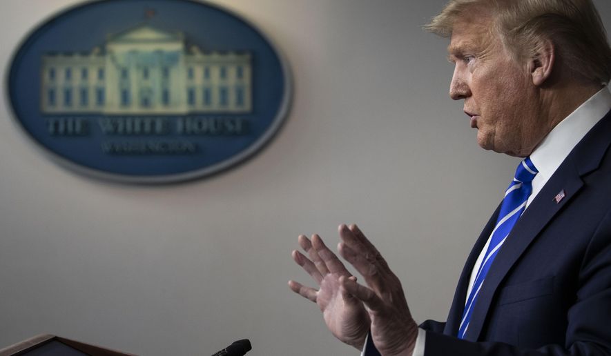 President Donald Trump speaks about the coronavirus in the James Brady Press Briefing Room of the White House, Thursday, April 23, 2020, in Washington. (AP Photo/Alex Brandon)