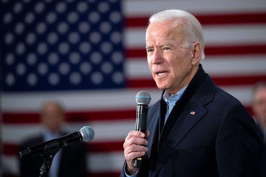 Democratic presidential candidate former Vice President Joe Biden speaks during a campaign rally, Tuesday, Feb. 4, 2020, in Nashua, N.H. (AP Photo/Mary Altaffer) ** FILE **