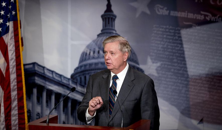 Sen. Lindsey Graham, R-S.C., speaks at a news conference about the coronavirus relief bill on Capitol Hill in Washington, Wednesday, March 25, 2020, in this file photo. Mr. Graham and other Senate Republicans are introducing a bill that would allow the president to impose an array of sanctions on China, including travel bans, asset freezes and financial penalties, if Beijing does not provide proof it has shut down unsanitary wet markets and been transparent about its handling of the coronavirus pandemic.  (AP Photo/Andrew Harnik) **FILE**