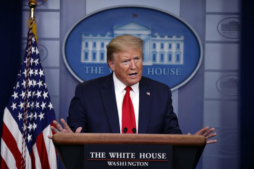 In this April 22, 2020, file photo President Donald Trump speaks about the coronavirus in the James Brady Press Briefing Room of the White House in Washington. (AP Photo/Alex Brandon, File)