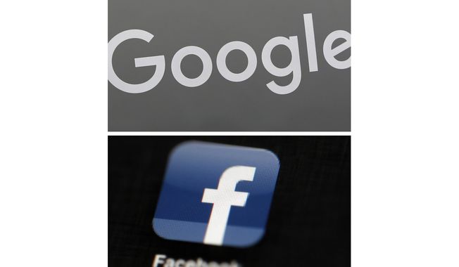 This combination of file photos shows a Google sign and the Facebook app. (AP Photo/File)