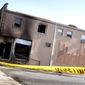 This Friday, April 24, 2020 photo shows damage to the Islamic Center of Cape Girardeau, Mo. after a fire.   The FBI is offering a $5,000 reward for information leading to the arrest of anyone connected to a fire that badly damaged the center in southeast Missouri.  Fire broke out early Friday at the Islamic Center of Cape Girardeau. About 12 to 15 people were evacuated and escaped injury.  (Jacob Wiegand/The Southeast Missourian via AP)