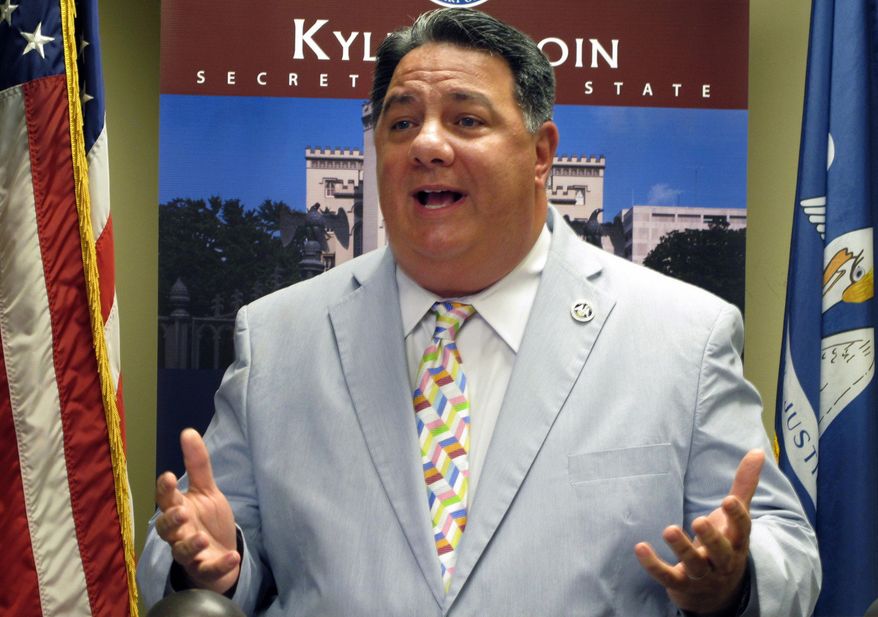 FILE - In this July 20, 2018, file photo, interim Secretary of State Kyle Ardoin, R-Baton Rouge, talks to reporters in Baton Rouge, La. An emergency plan to increase early and mail-in voting options for Louisiana's summer elections because of the coronavirus won approval Wednesday, April 22, 2020, from key state House and Senate oversight panels, but only after the mail-in balloting expansion was scaled back from a prior proposal. Republican lawmakers who raised concerns about voter fraud and stalled the first plan submitted by Ardoin lifted their objections once Ardoin more strictly limited the list of who's eligible for mail-in ballots. (AP Photo/Melinda Deslatte, File)