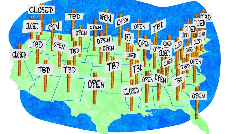 Illustration on letting states decide when to reopen by Alexander Hunter/The Washington Times