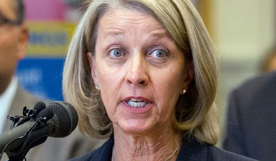 FILE - In this Oct. 18, 2016, file photo, Nevada's Secretary of State Barbara Cegavske speaks during a press conference in Las Vegas. Attorney General Aaron Ford, a Democrat and his office are defending Cegavske's plan to conduct Nevada's June 9, 2020, primary election predominantly by mail because of COVID-19. A federal judge in Reno has scheduled a hearing on a lawsuit that claims the plan would deny some Nevadans their constitutional voting rights. (Erik Verduzco/Las Vegas Review-Journal via AP, File)