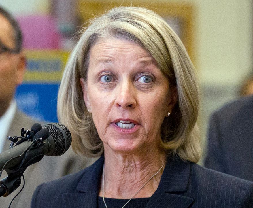FILE - In this Oct. 18, 2016, file photo, Nevada's Secretary of State Barbara Cegavske speaks during a press conference in Las Vegas. Attorney General Aaron Ford, a Democrat and his office are defending Cegavske's plan to conduct Nevada's June 9, 2020, primary election predominantly by mail because of COVID-19. A federal judge in Reno has scheduled a hearing on a lawsuit that claims the plan would deny some Nevadans their constitutional voting rights. (Erik Verduzco/Las Vegas Review-Journal via AP, File)