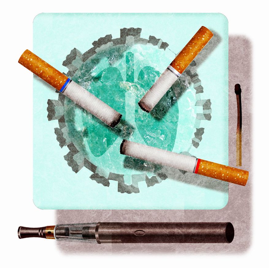 Illustration on efforts to link vaping to the dangers of smoking  by Alexander Hunter/The Washington Times