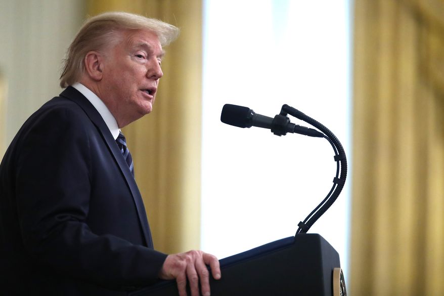 President Donald Trump speaks about protecting seniors, in the East Room of the White House, Thursday, April 30, 2020, in Washington. (AP Photo/Alex Brandon)