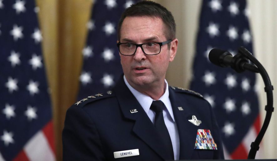 Gen. Joseph Lengyel, Chief of the National Guard Bureau, speaks about protecting seniors, in the East Room of the White House, Thursday, April 30, 2020, in Washington. (AP Photo/Alex Brandon)