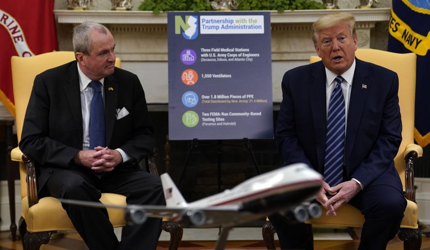 President Donald Trump speaks during a meeting about the coronavirus response with Gov. Phil Murphy, D-N.J., in the Oval Office of the White House, Thursday, April 30, 2020, in Washington. (AP Photo/Evan Vucci)