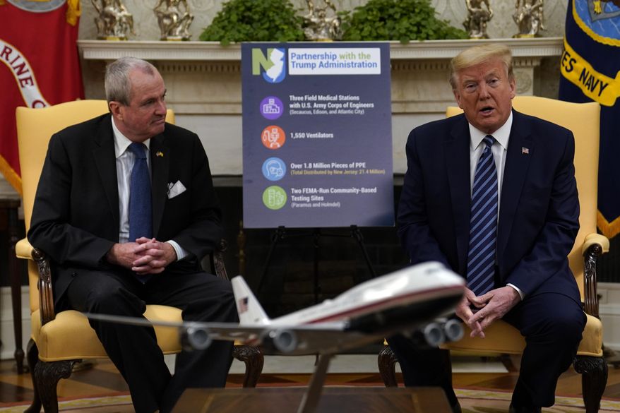 President Donald Trump speaks during a meeting about the coronavirus response with Gov. Phil Murphy, D-N.J., in the Oval Office of the White House, Thursday, April 30, 2020, in Washington. (AP Photo/Evan Vucci)
